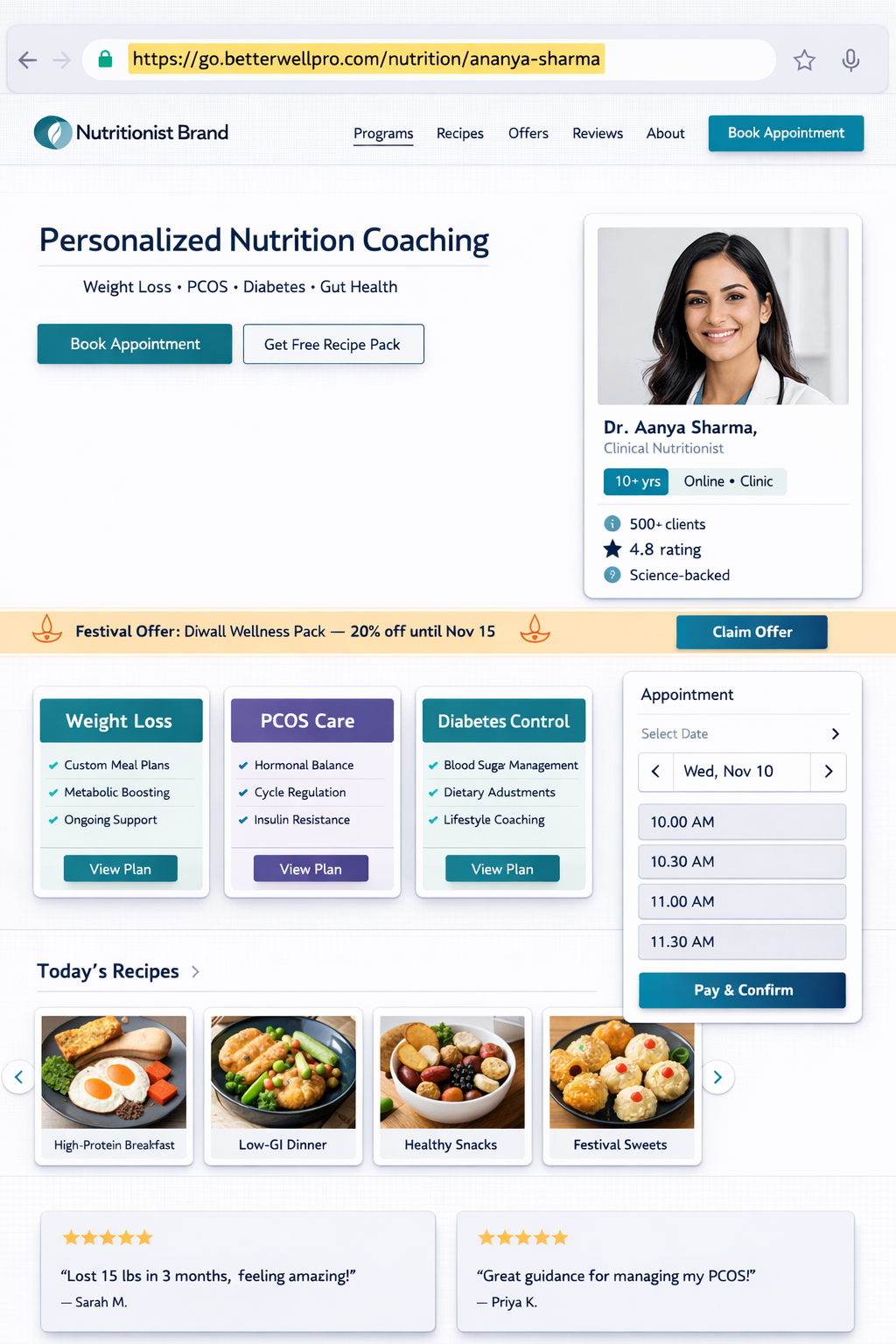 BetterWell Pro branded website showing practitioner profile, packages, and booking