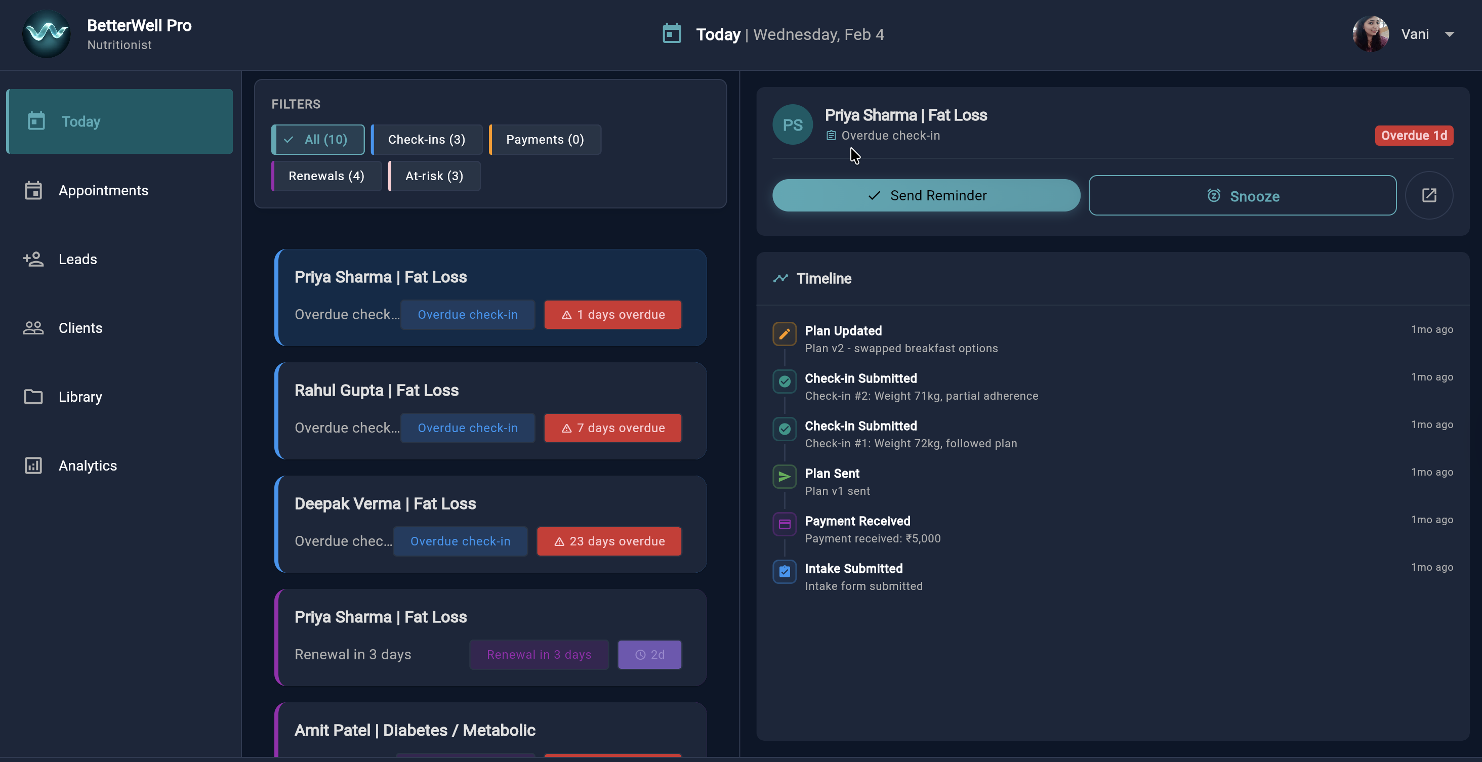Practice App client management dashboard with lead pipeline and active clients
